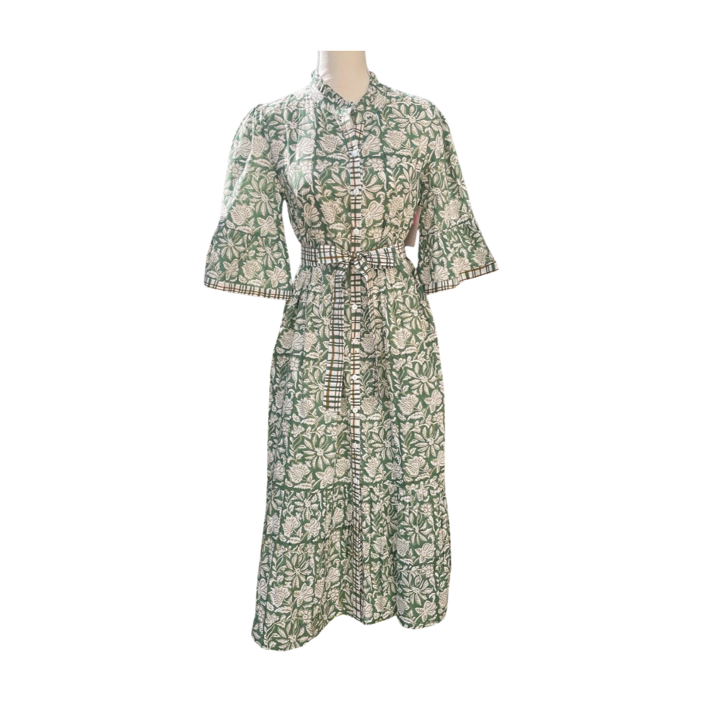 Emeri Bell Sleeve Dress (Green/White)