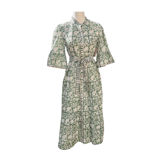 Emeri Bell Sleeve Dress (Green/White)